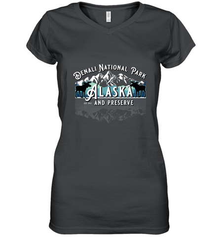 Denali National Park Alaska AK USA Moose Souvenir Women's V-Neck T-Shirt Women's V-Neck T-Shirt / Black / S Women's V-Neck T-Shirt - HHHstores