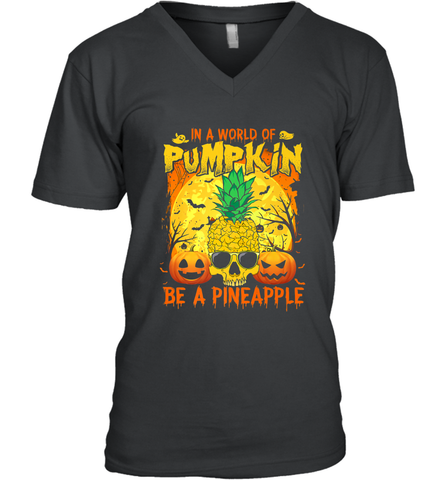 In A World Of Pumpkin Be A Pineapple Skull Halloween Funny Men's V-Neck Men's V-Neck / Black / S Men's V-Neck - HHHstores