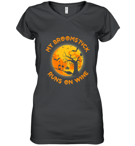 My Broomstick Runs On Wine Funny Halloween Costume Witch Women's V-Neck T-Shirt Women's V-Neck T-Shirt / Black / S Women's V-Neck T-Shirt - HHHstores