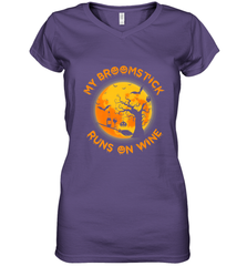 My Broomstick Runs On Wine Funny Halloween Costume Witch Women's V-Neck T-Shirt Women's V-Neck T-Shirt - HHHstores