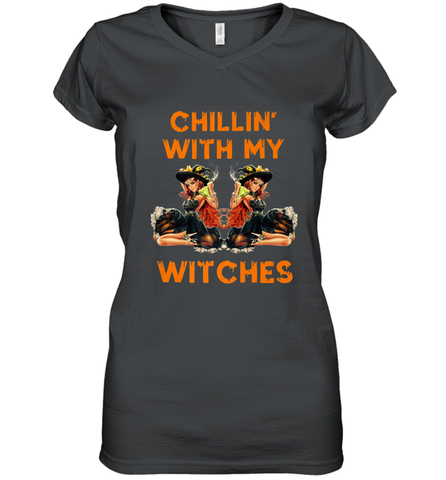 Cool Chillin With My Witches Halloween Costume Women's V-Neck T-Shirt Women's V-Neck T-Shirt / Black / S Women's V-Neck T-Shirt - HHHstores