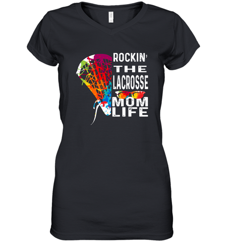Lacrosse Rockin The Mom Life Women's V-Neck T-Shirt Women's V-Neck T-Shirt / Black / S Women's V-Neck T-Shirt - HHHstores