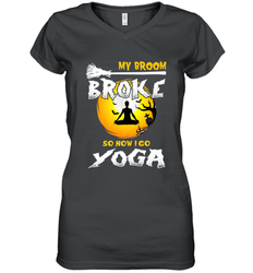 My Broom Broke So Now I Go Yoga Funny Halloween Costume Gift Women's V-Neck T-Shirt