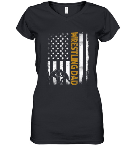 Wrestling Dad Tshirt American Flag 4th Of July Fathers Day Women's V-Neck T-Shirt Women's V-Neck T-Shirt / Black / S Women's V-Neck T-Shirt - HHHstores