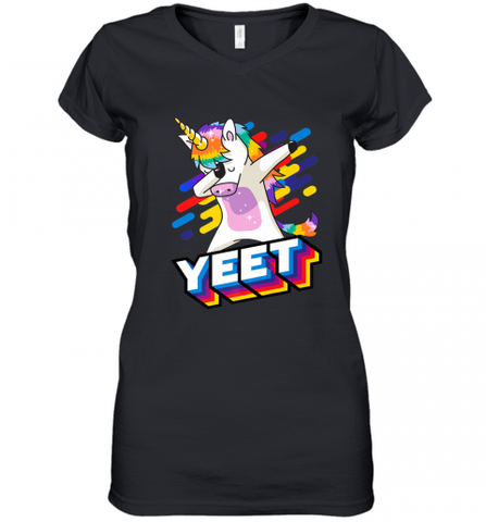 Colorful Dabbing Dancing Unicorn Celebration Yeet Women's V-Neck T-Shirt Women's V-Neck T-Shirt / Black / S Women's V-Neck T-Shirt - HHHstores