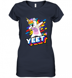 Colorful Dabbing Dancing Unicorn Celebration Yeet Women's V-Neck T-Shirt