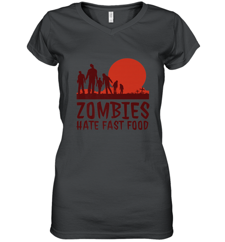 Zombies Hate Fast Food Funny Halloween Women's V-Neck T-Shirt Women's V-Neck T-Shirt / Black / S Women's V-Neck T-Shirt - HHHstores