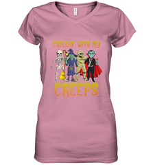 Chillin With My Creeps Vampire Halloween Skeleton Witch Women's V-Neck T-Shirt Women's V-Neck T-Shirt - HHHstores