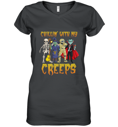Chillin With My Creeps Vampire Halloween Skeleton Witch Women's V-Neck T-Shirt Women's V-Neck T-Shirt / Black / S Women's V-Neck T-Shirt - HHHstores