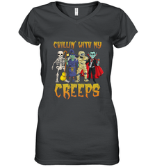 Chillin With My Creeps Vampire Halloween Skeleton Witch Women's V-Neck T-Shirt Women's V-Neck T-Shirt - HHHstores