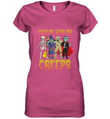Chillin With My Creeps Vampire Halloween Skeleton Witch Women's V-Neck T-Shirt Women's V-Neck T-Shirt - HHHstores