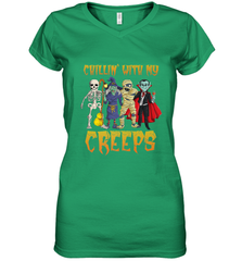 Chillin With My Creeps Vampire Halloween Skeleton Witch Women's V-Neck T-Shirt Women's V-Neck T-Shirt - HHHstores