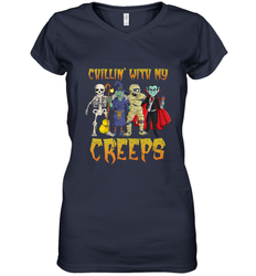 Chillin With My Creeps Vampire Halloween Skeleton Witch Women's V-Neck T-Shirt