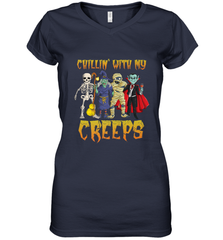 Chillin With My Creeps Vampire Halloween Skeleton Witch Women's V-Neck T-Shirt Women's V-Neck T-Shirt - HHHstores