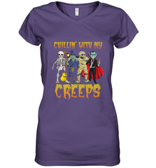 Chillin With My Creeps Vampire Halloween Skeleton Witch Women's V-Neck T-Shirt Women's V-Neck T-Shirt - HHHstores