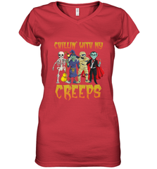 Chillin With My Creeps Vampire Halloween Skeleton Witch Women's V-Neck T-Shirt Women's V-Neck T-Shirt - HHHstores