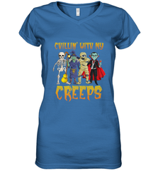 Chillin With My Creeps Vampire Halloween Skeleton Witch Women's V-Neck T-Shirt Women's V-Neck T-Shirt - HHHstores