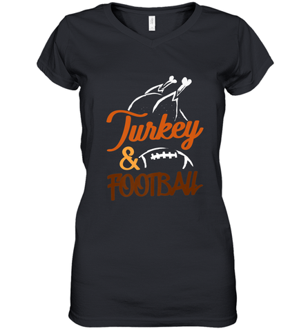 Turkey And Football Thanksgiving Day Football Fan Holiday Women's V-Neck T-Shirt Women's V-Neck T-Shirt / Black / S Women's V-Neck T-Shirt - HHHstores