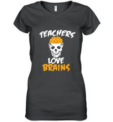 Teachers Love Brains funny Halloween Zombie Women's V-Neck T-Shirt Women's V-Neck T-Shirt - HHHstores