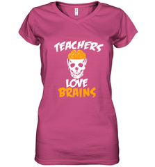 Teachers Love Brains funny Halloween Zombie Women's V-Neck T-Shirt Women's V-Neck T-Shirt - HHHstores