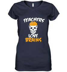 Teachers Love Brains funny Halloween Zombie Women's V-Neck T-Shirt Women's V-Neck T-Shirt - HHHstores