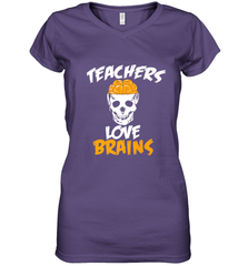Teachers Love Brains funny Halloween Zombie Women's V-Neck T-Shirt Women's V-Neck T-Shirt - HHHstores