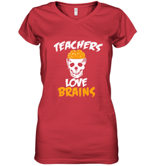 Teachers Love Brains funny Halloween Zombie Women's V-Neck T-Shirt Women's V-Neck T-Shirt - HHHstores