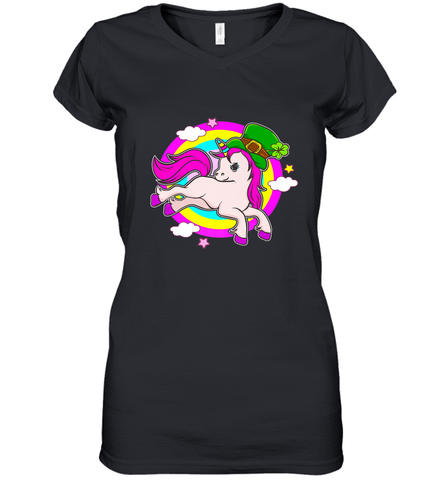 Irish Leprechaun Unicorn Cute St Patricks Day Ireland Women's V-Neck T-Shirt Women's V-Neck T-Shirt / Black / S Women's V-Neck T-Shirt - HHHstores
