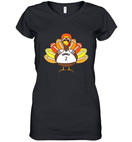 Cool Thanksgiving Football Shirt _ Gobble Player Turkey Gift Women's V-Neck T-Shirt Women's V-Neck T-Shirt / Black / S Women's V-Neck T-Shirt - HHHstores