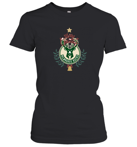 NBA Milwaukee Bucks Logo merry Christmas gilf Women's T-Shirt Women's T-Shirt / Black / S Women's T-Shirt - HHHstores