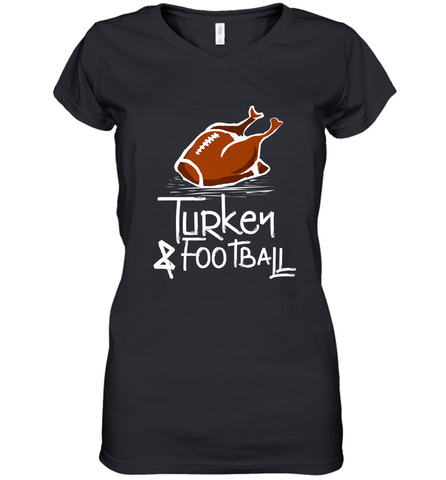 Turkey And Football Thanksgiving Day Football Fan Holiday Gift Women's V-Neck T-Shirt Women's V-Neck T-Shirt / Black / S Women's V-Neck T-Shirt - HHHstores