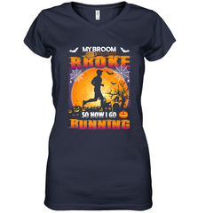 My Broom Broke So Now I Go Running T Shirt Funny Halloween Women's V-Neck T-Shirt Women's V-Neck T-Shirt - HHHstores