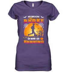 My Broom Broke So Now I Go Running T Shirt Funny Halloween Women's V-Neck T-Shirt Women's V-Neck T-Shirt - HHHstores