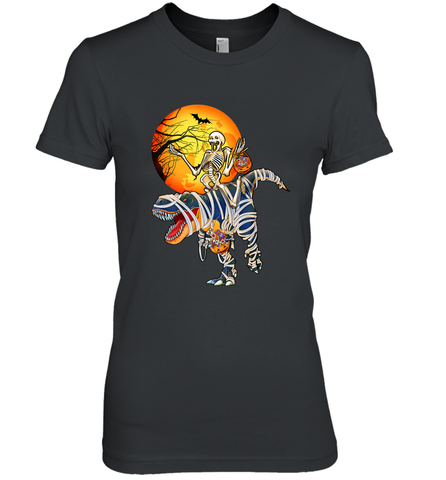 Skeleton Riding T Rex Funny Halloween Women's Premium T-Shirt Women's Premium T-Shirt / Black / XS Women's Premium T-Shirt - HHHstores
