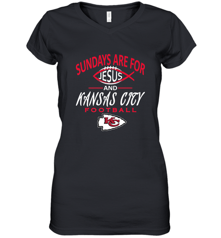 Sundays Are For Jesus and Kansas City Funny Football Women's V-Neck T-Shirt Women's V-Neck T-Shirt / Black / S Women's V-Neck T-Shirt - HHHstores