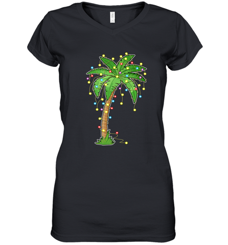 Christmas Lights Palm Tree Beach Funny Tropical Xmas Gift Women's V-Neck T-Shirt Women's V-Neck T-Shirt / Black / S Women's V-Neck T-Shirt - HHHstores