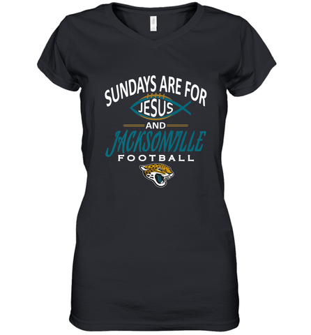 Sundays Are For Jesus and Jacksonville Funny Football Women's V-Neck T-Shirt Women's V-Neck T-Shirt / Black / S Women's V-Neck T-Shirt - HHHstores