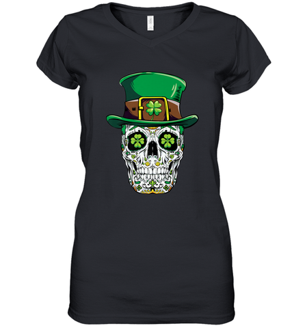 Sugar Skull Leprechaun T Shirt St Patricks Day Women Men Women's V-Neck T-Shirt Women's V-Neck T-Shirt / Black / S Women's V-Neck T-Shirt - HHHstores