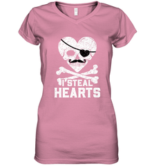 I Steal Hearts Valentine's Day Pirate Skull Art Graphics Women's V-Neck T-Shirt Women's V-Neck T-Shirt - HHHstores