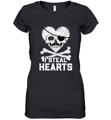 I Steal Hearts Valentine's Day Pirate Skull Art Graphics Women's V-Neck T-Shirt Women's V-Neck T-Shirt / Black / S Women's V-Neck T-Shirt - HHHstores
