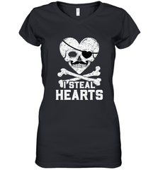 I Steal Hearts Valentine's Day Pirate Skull Art Graphics Women's V-Neck T-Shirt Women's V-Neck T-Shirt - HHHstores