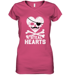 I Steal Hearts Valentine's Day Pirate Skull Art Graphics Women's V-Neck T-Shirt Women's V-Neck T-Shirt - HHHstores