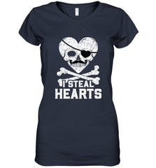 I Steal Hearts Valentine's Day Pirate Skull Art Graphics Women's V-Neck T-Shirt Women's V-Neck T-Shirt - HHHstores