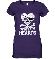 I Steal Hearts Valentine's Day Pirate Skull Art Graphics Women's V-Neck T-Shirt Women's V-Neck T-Shirt - HHHstores