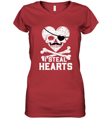 I Steal Hearts Valentine's Day Pirate Skull Art Graphics Women's V-Neck T-Shirt Women's V-Neck T-Shirt - HHHstores