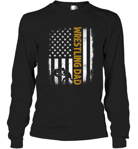 Wrestling Dad Tshirt American Flag 4th Of July Fathers Day Long Sleeve T-Shirt Long Sleeve T-Shirt / Black / S Long Sleeve T-Shirt - HHHstores