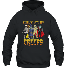 Chillin With My Creeps Vampire Halloween Skeleton Witch Hooded Sweatshirt