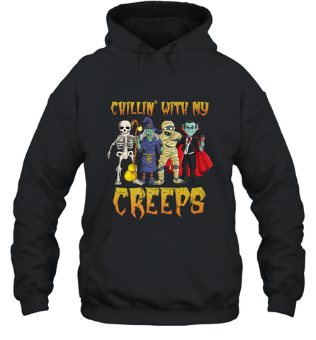 Chillin With My Creeps Vampire Halloween Skeleton Witch Hooded Sweatshirt Hooded Sweatshirt / Black / S Hooded Sweatshirt - HHHstores