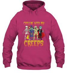 Chillin With My Creeps Vampire Halloween Skeleton Witch Hooded Sweatshirt Hooded Sweatshirt - HHHstores