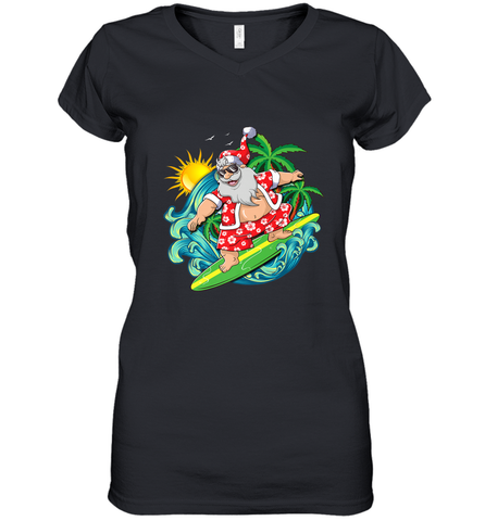Christmas in July Santa Claus Hawaiian Surfing Gift Surf Women's V-Neck T-Shirt Women's V-Neck T-Shirt / Black / S Women's V-Neck T-Shirt - HHHstores